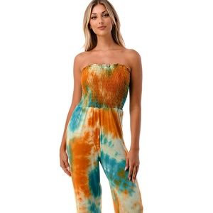 Turquoise Orange Tie Dye Jumpsuit Romper Strapless